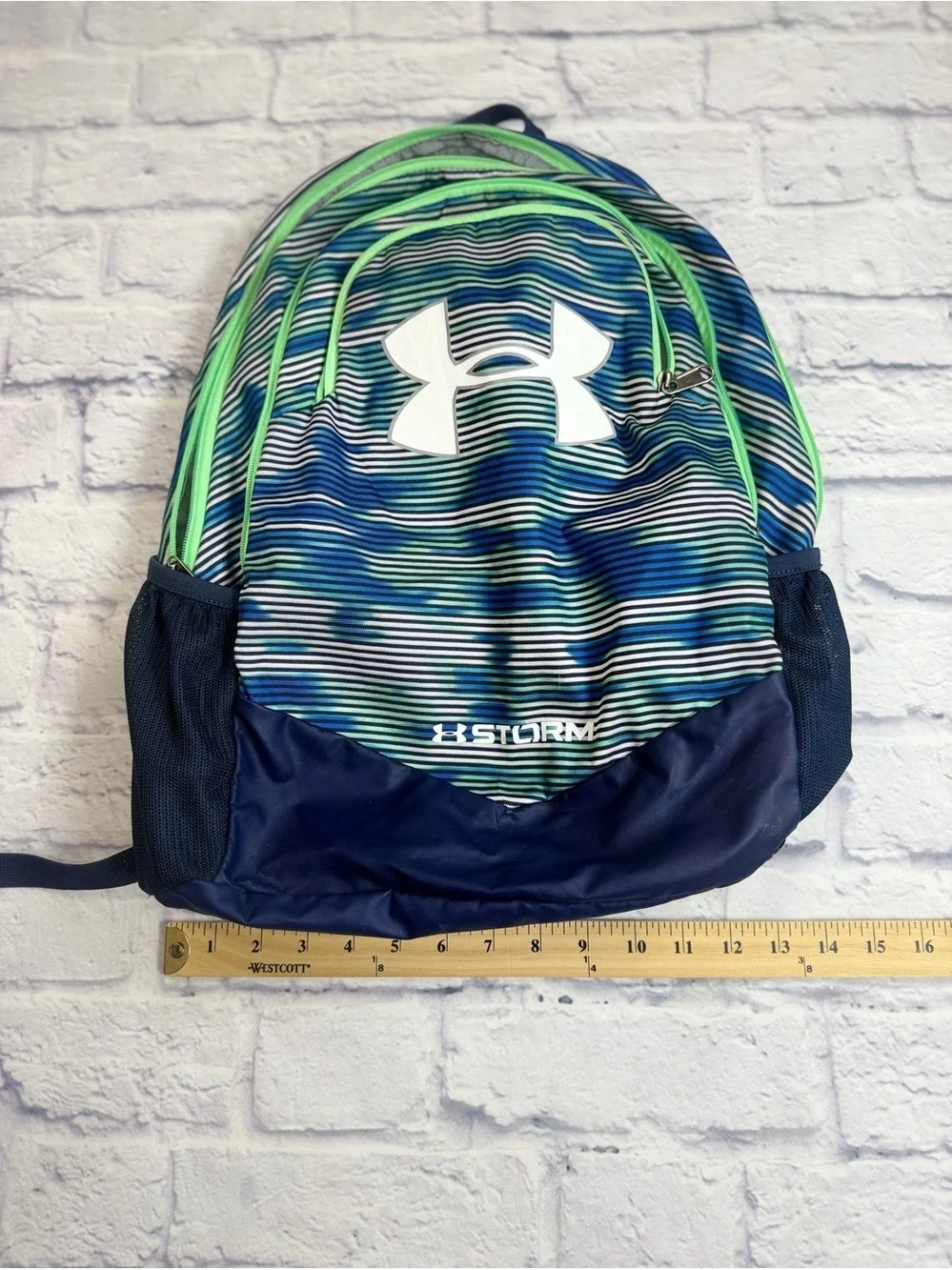 Under Armour Navy Blue Striped Backpack with Lime Accents